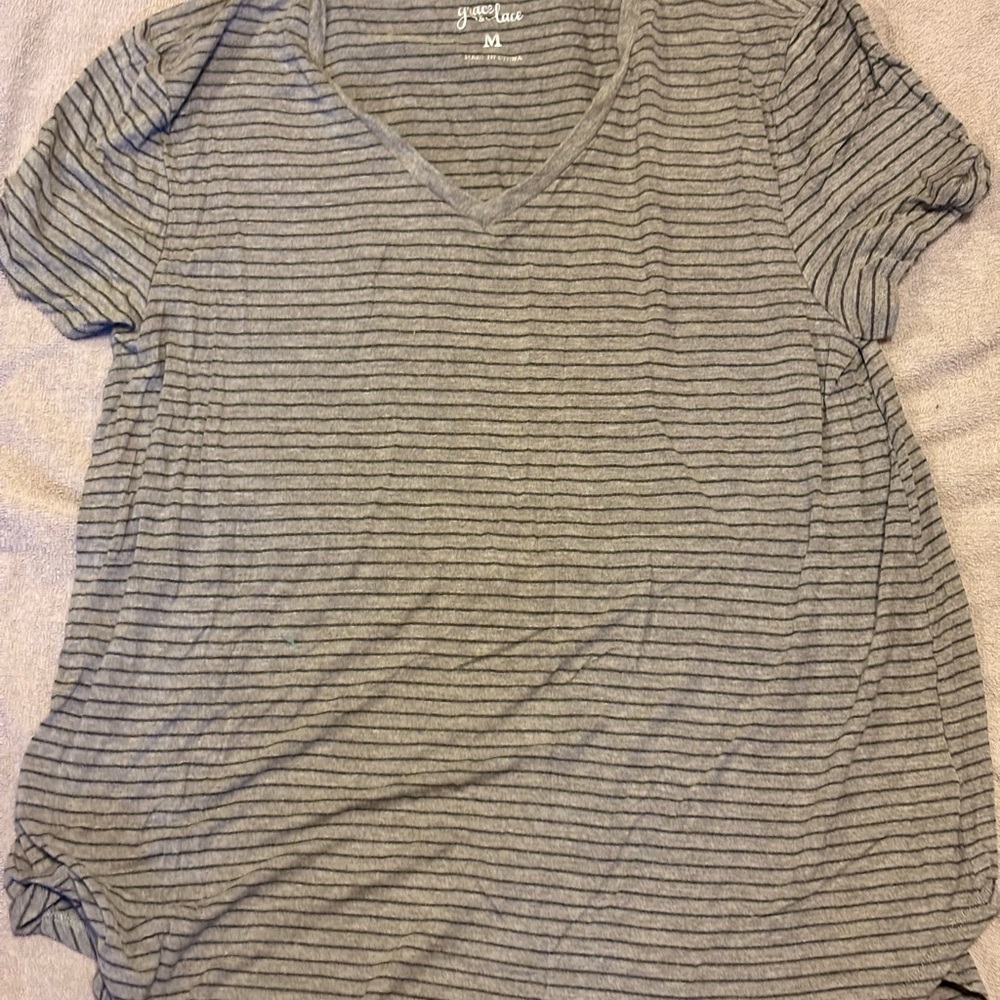 Grace & Lace Charcoal Striped V-Neck Tee